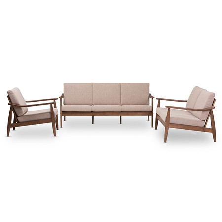 BAXTON STUDIO Venza Walnut Wood Brown Upholstered 3-Piece Livingroom Set 140-7555-7556-7557